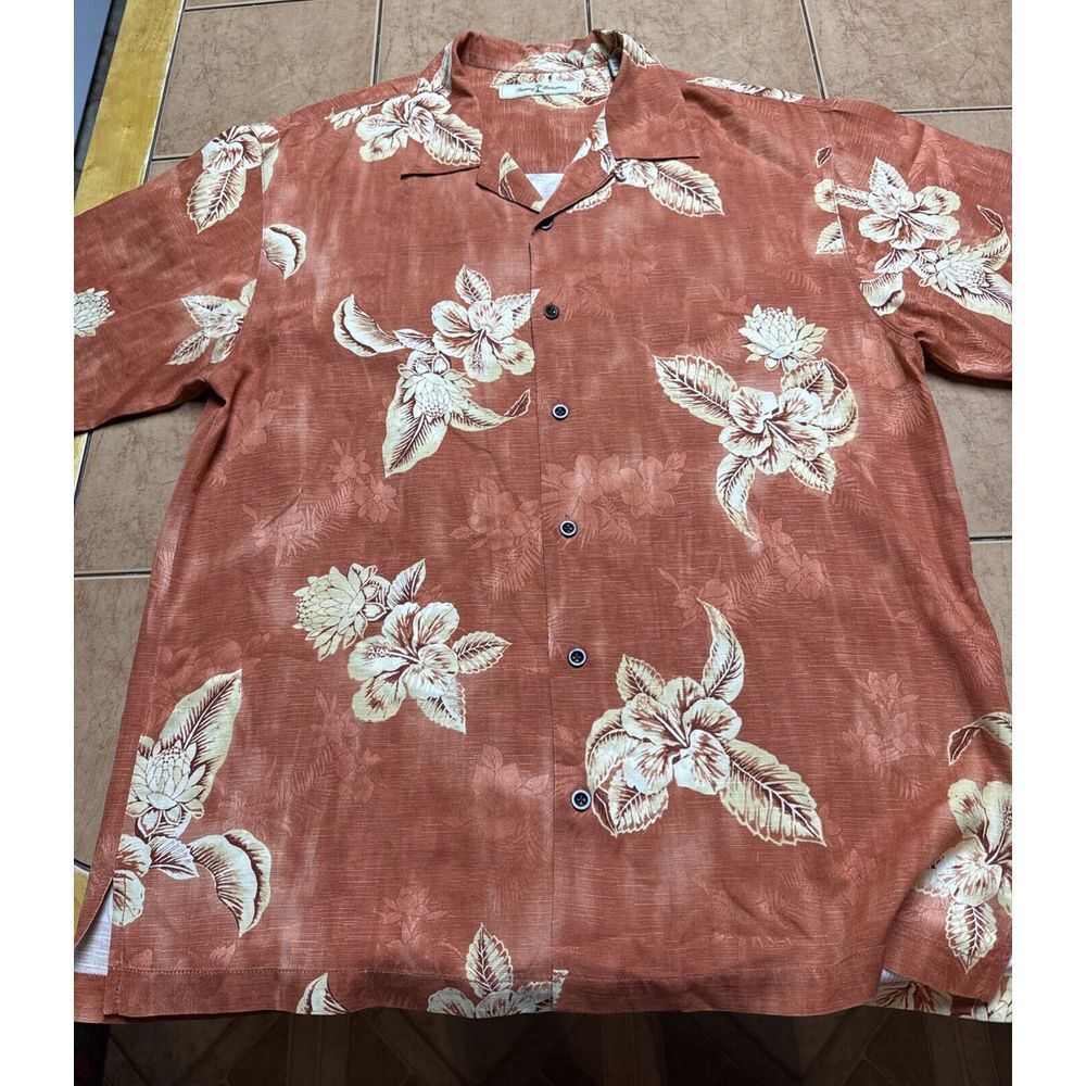 Tommy Bahama Shirt‎ Mens Sz Med 100% Silk Floral Orange Button Up Short Sleeve